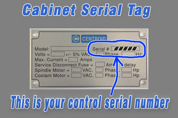 CNC control serial number location, cabinet tag.
